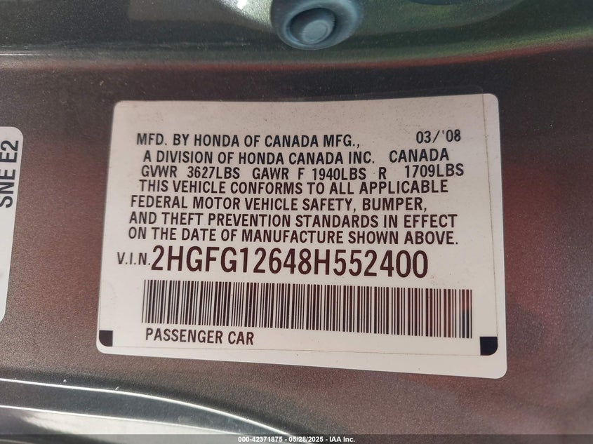 2008 HONDA CIVIC VIN: 2HGFG12648H552400