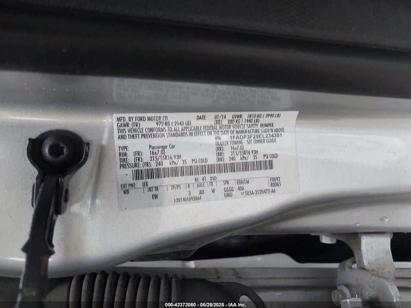 2014 FORD FOCUS VIN: 1FADP3F29EL234351