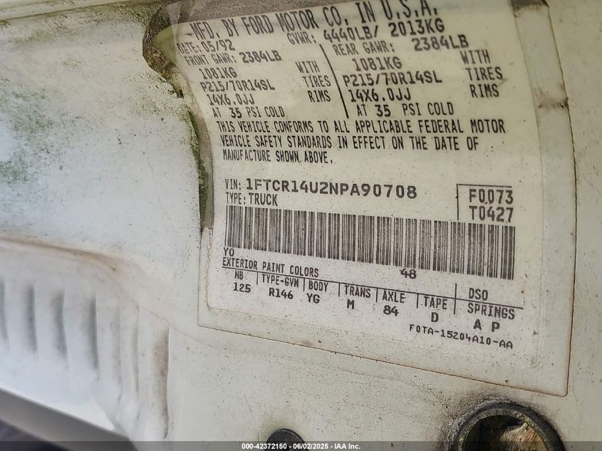 1992 Ford Ranger Super Cab VIN: 1FTCR14U2NPA90708 Lot: 42372150