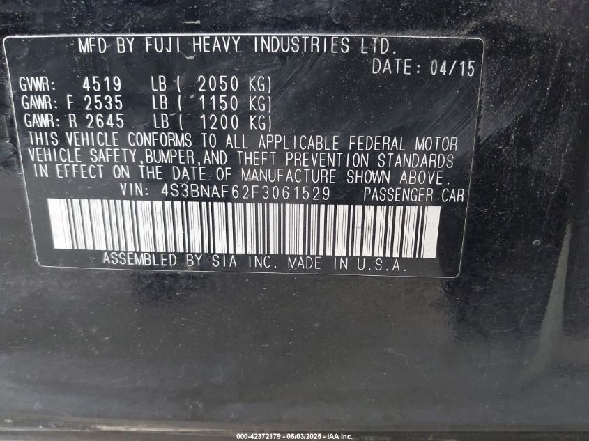 2015 Subaru Legacy 2.5I Premium VIN: 4S3BNAF62F3061529 Lot: 42372179