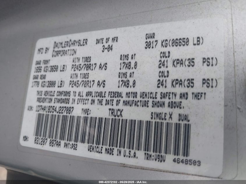 2004 Dodge Ram 1500 Slt/Laramie VIN: 1D7HA18D54J227087 Lot: 42372182