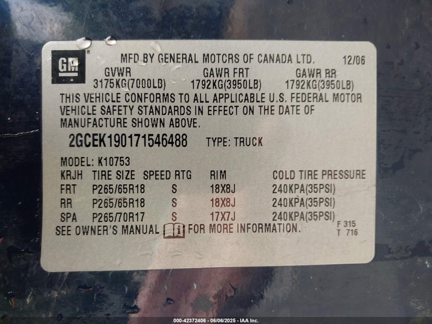 2007 CHEVROLET SILVERADO 1500 VIN: 2GCEK190171546488