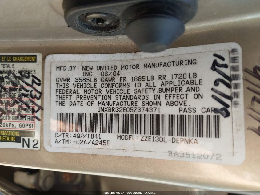 2005 Toyota Corolla Le VIN: 1NXBR32E05Z374371 Lot: 42372707