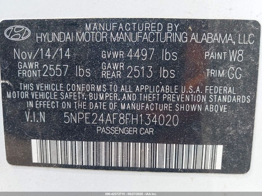 2015 Hyundai Sonata Se VIN: 5NPE24AF8FH134020 Lot: 42372710