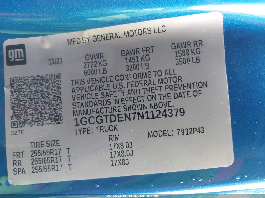2022 Chevrolet Colorado 4Wd Short Box Z71 VIN: 1GCGTDEN7N1124379 Lot: 42372796