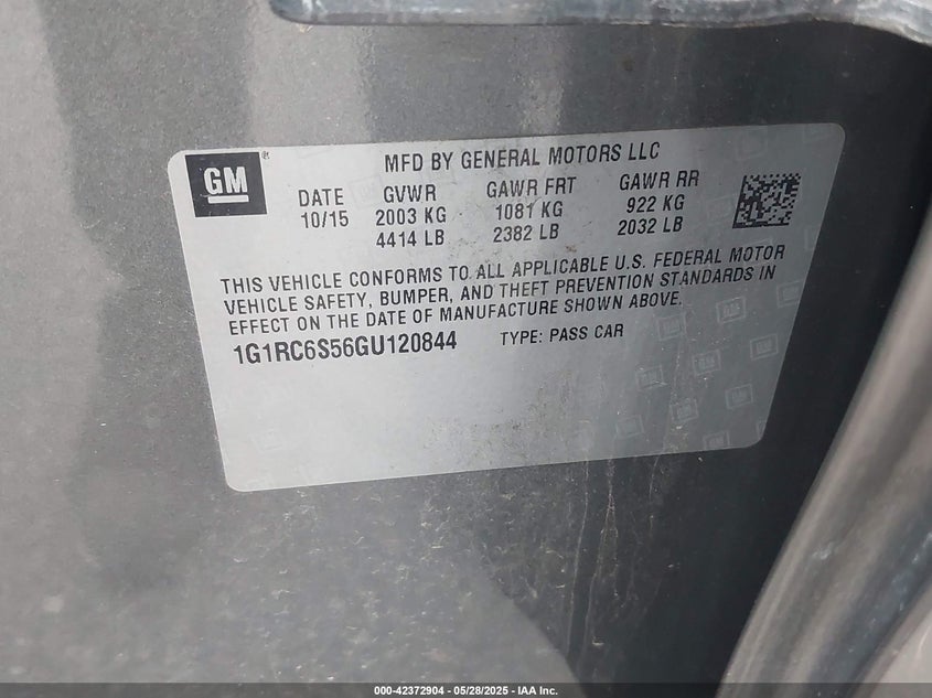 2016 CHEVROLET VOLT VIN: 1G1RC6S56GU120844