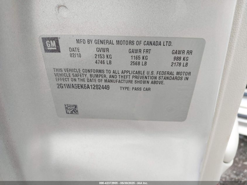 2010 Chevrolet Impala Ls VIN: 2G1WA5EK5A1202449 Lot: 42372905