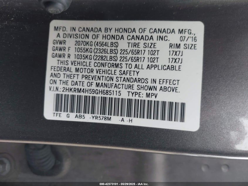 2016 HONDA CR-V EX - 2HKRM4H59GH685115