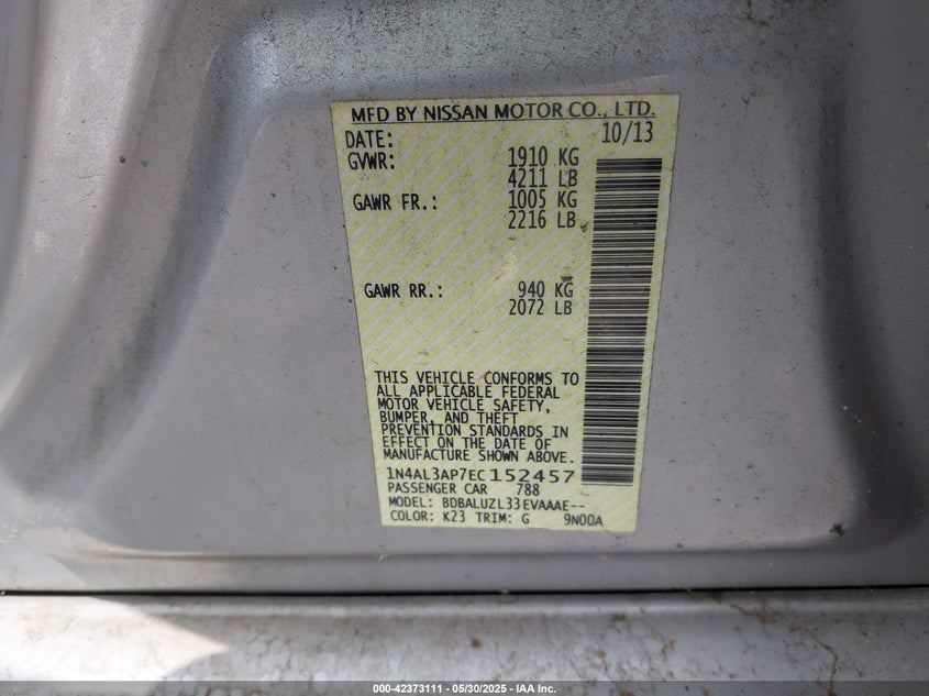 2014 NISSAN ALTIMA VIN: 1N4AL3AP7EC152457