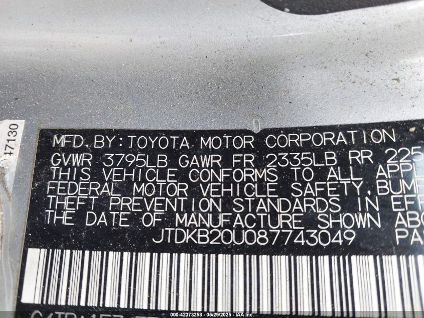 2008 Toyota Prius VIN: JTDKB20U087743049 Lot: 42373258