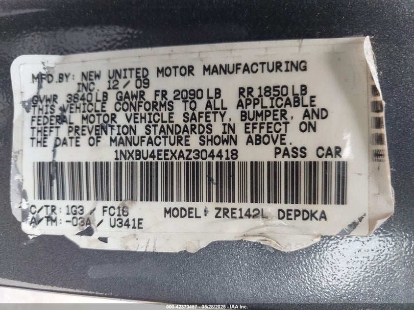 2010 TOYOTA COROLLA VIN: 1NXBU4EEXAZ304418