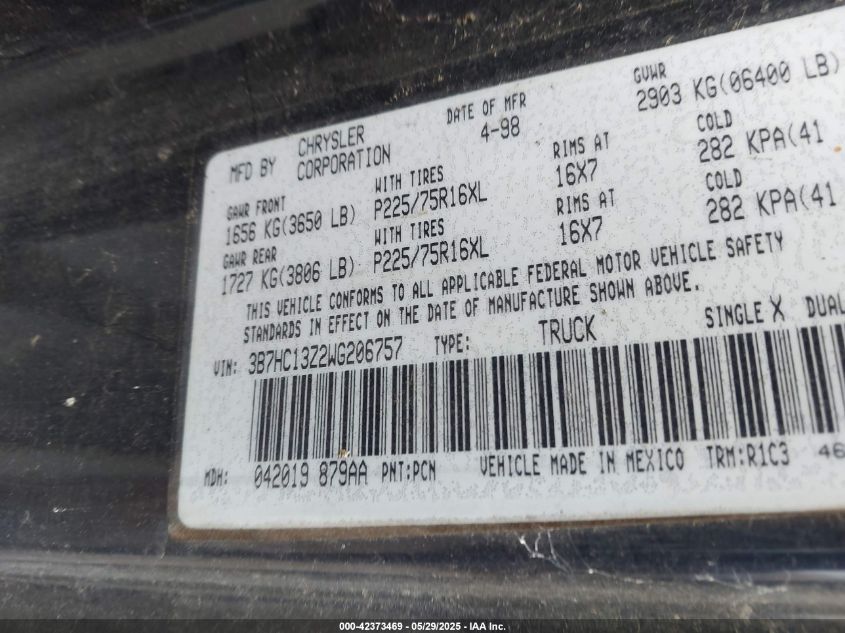 1998 Dodge Ram 1500 St VIN: 3B7HC13Z2WG206757 Lot: 42373469