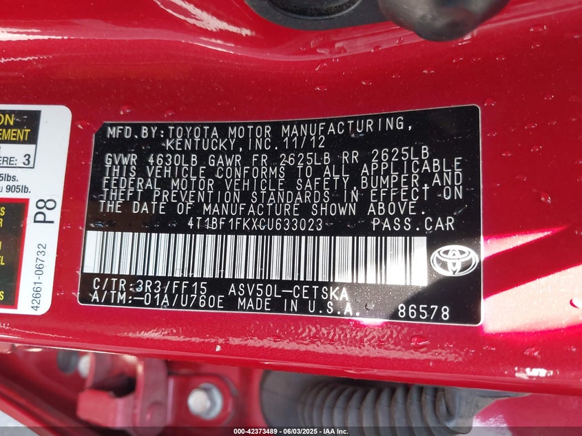 2012 TOYOTA CAMRY VIN: 4T1BF1FKXCU633023