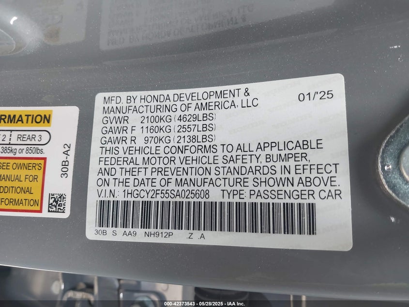 2025 Honda Accord Hybrid Sport VIN: 1HGCY2F55SA02560 Lot: 42373543