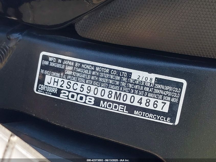2008 Honda Cbr1000 Rr VIN: JH2SC59008M004867 Lot: 42373593