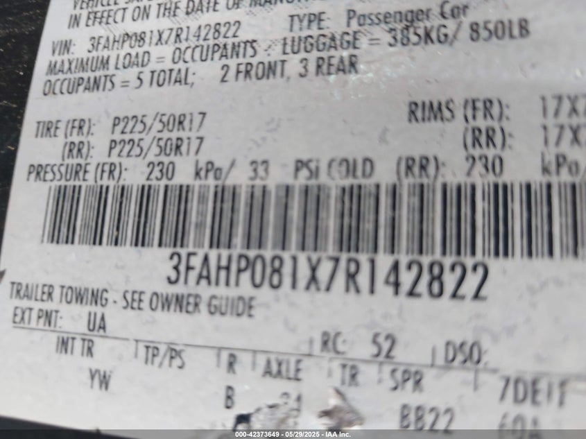 2007 FORD FUSION VIN: 3FAHP081X7R142822