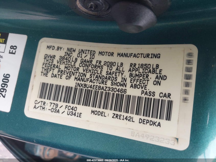 2010 TOYOTA COROLLA VIN: 1NXBU4EE8AZ330466