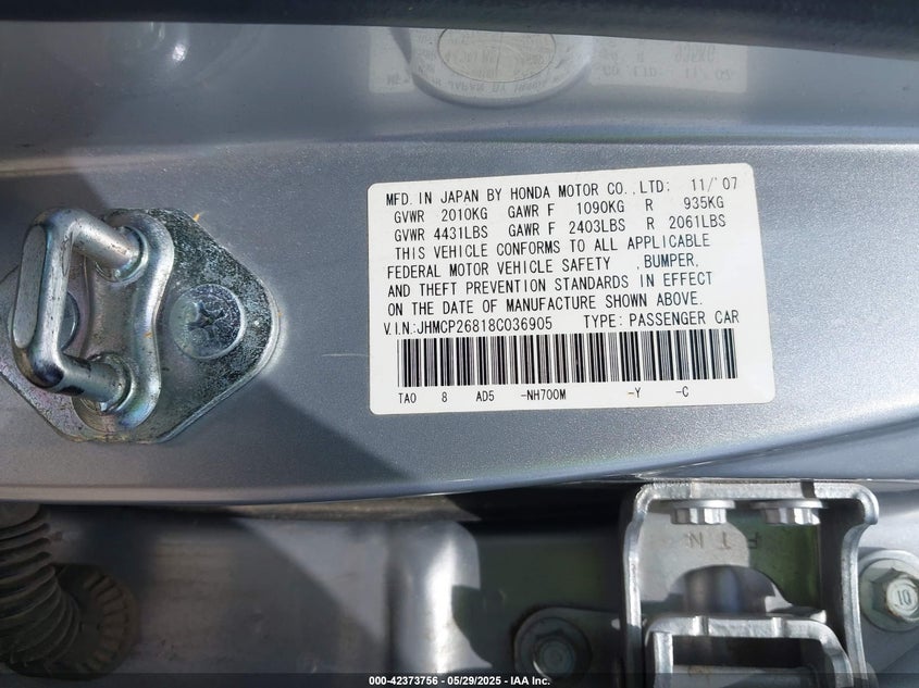 2008 HONDA ACCORD VIN: JHMCP26818C036905