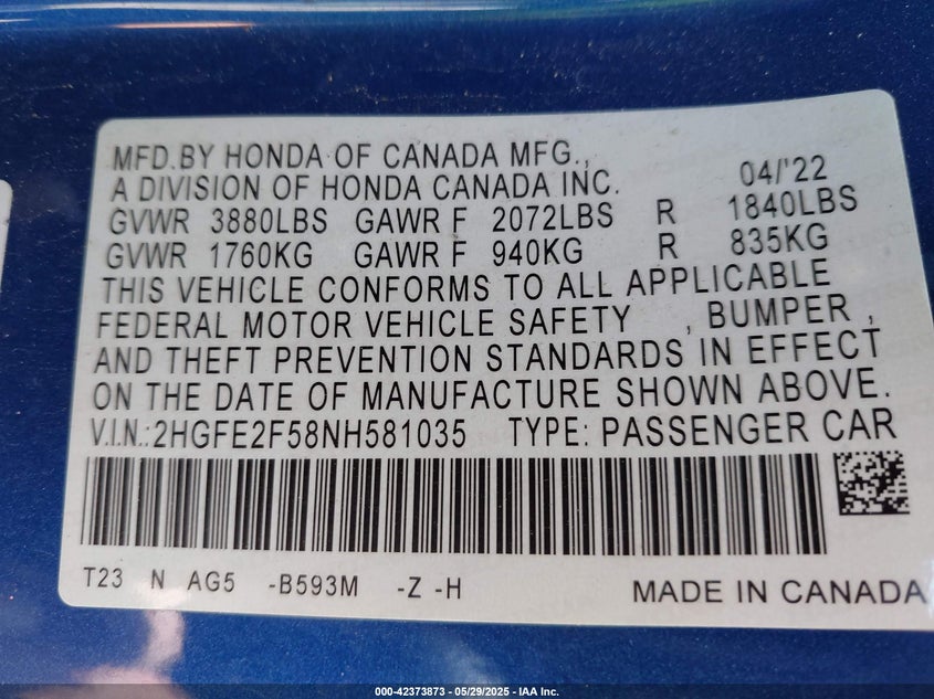 2022 HONDA CIVIC SPORT - 2HGFE2F58NH581035