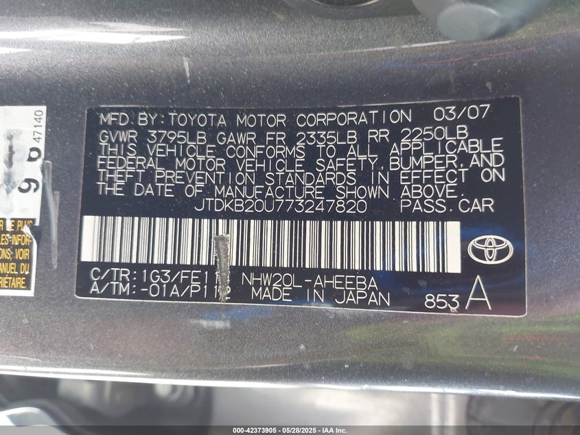 2007 TOYOTA PRIUS VIN: JTDKB20U773247820