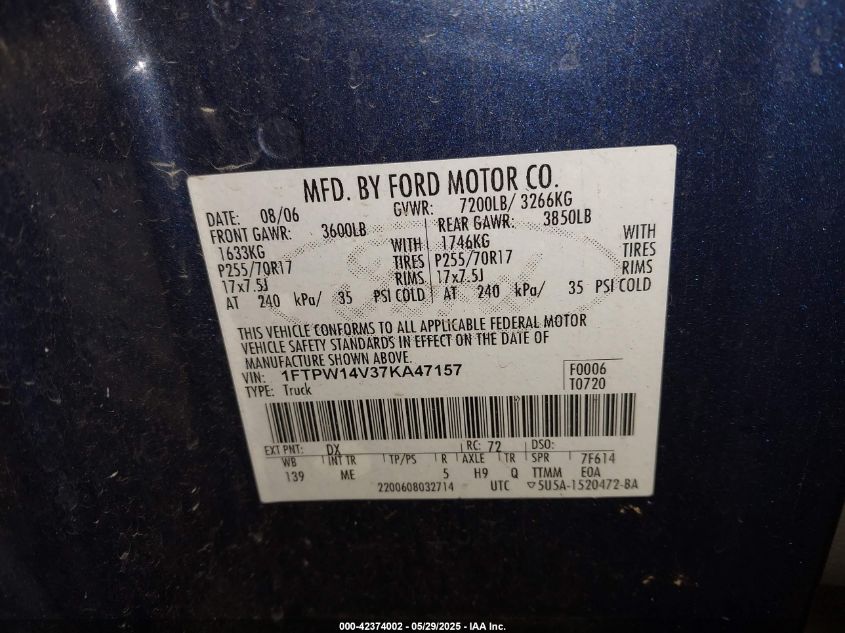 2007 Ford F-150 Fx4/Lariat/Xlt VIN: 1FTPW14V37KA47157 Lot: 42374002