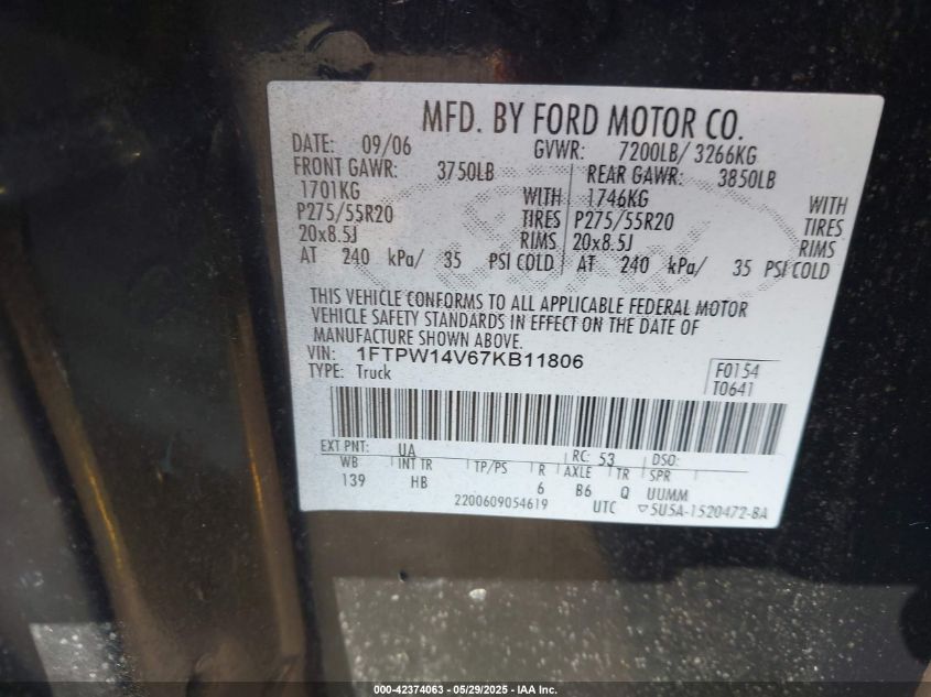 2007 Ford F-150 Fx4/Lariat/Xlt VIN: 1FTPW14V67KB11806 Lot: 42374063