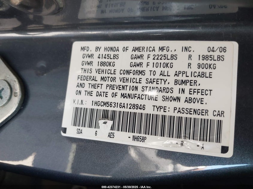 2006 HONDA ACCORD VIN: 1HGCM56316A128946