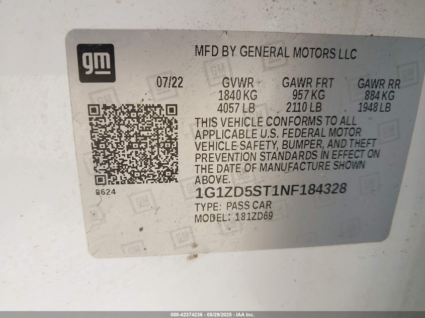 2022 CHEVROLET MALIBU FWD LT - 1G1ZD5ST1NF184328