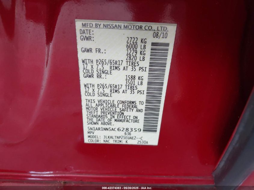 2010 Nissan Pathfinder Se VIN: 5N1AR1NN5AC628359 Lot: 42374383