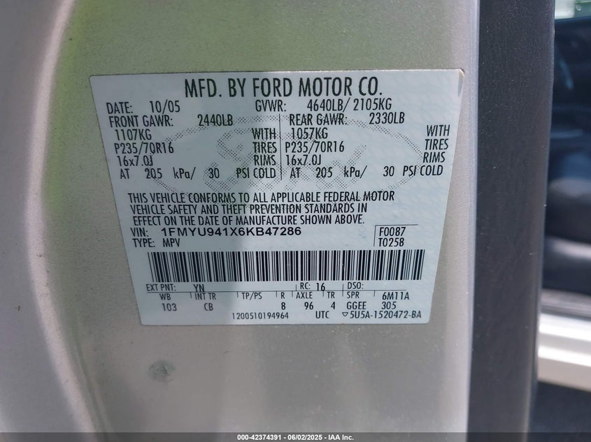 2006 FORD ESCAPE VIN: 1FMYU941X6KB47286