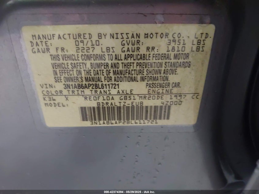 2011 NISSAN SENTRA VIN: 3N1AB6AP2BL611721
