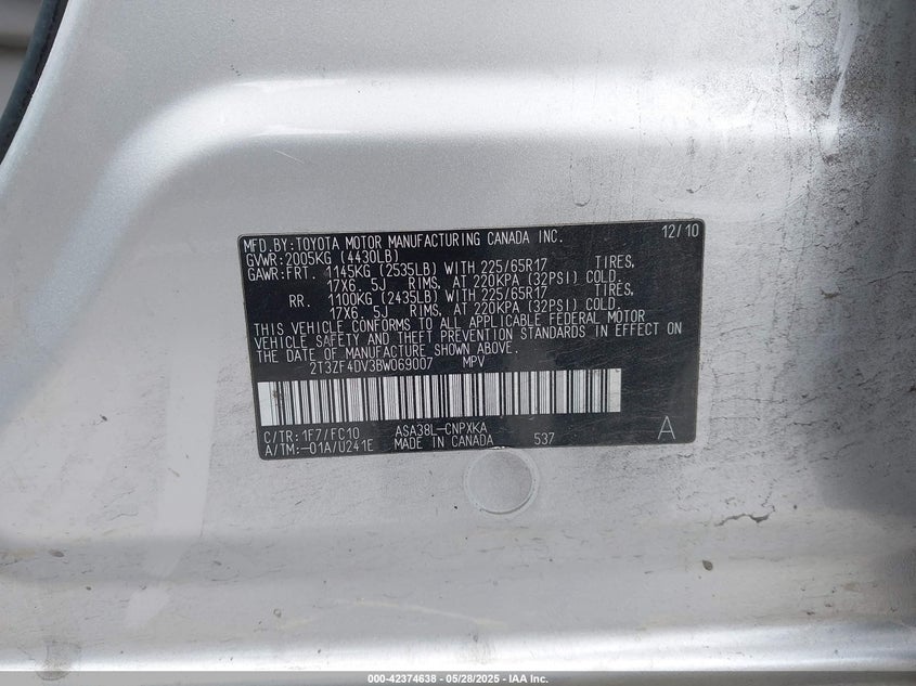 2011 TOYOTA RAV4 VIN: 2T3ZF4DV3BW069007