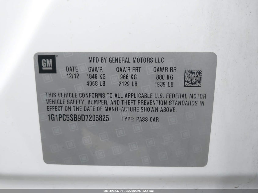 2013 CHEVROLET CRUZE VIN: 1G1PC5SB9D7205825