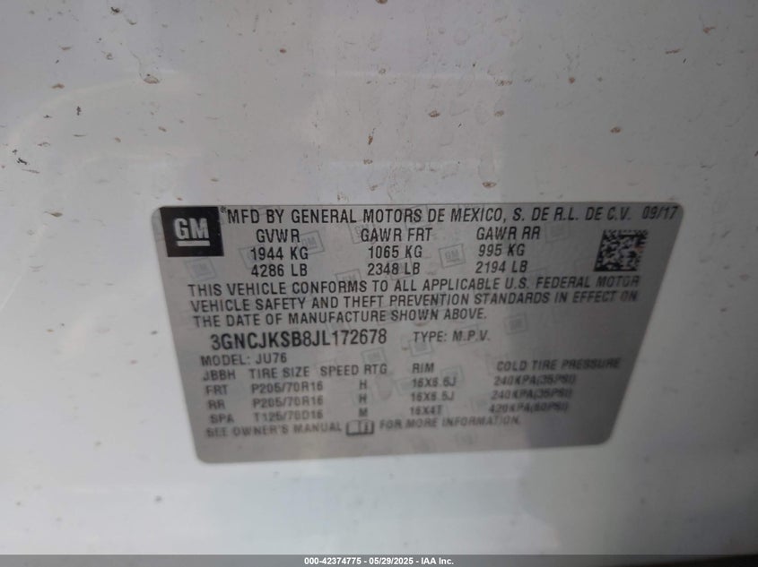 2018 CHEVROLET TRAX LS - 3GNCJKSB8JL172678