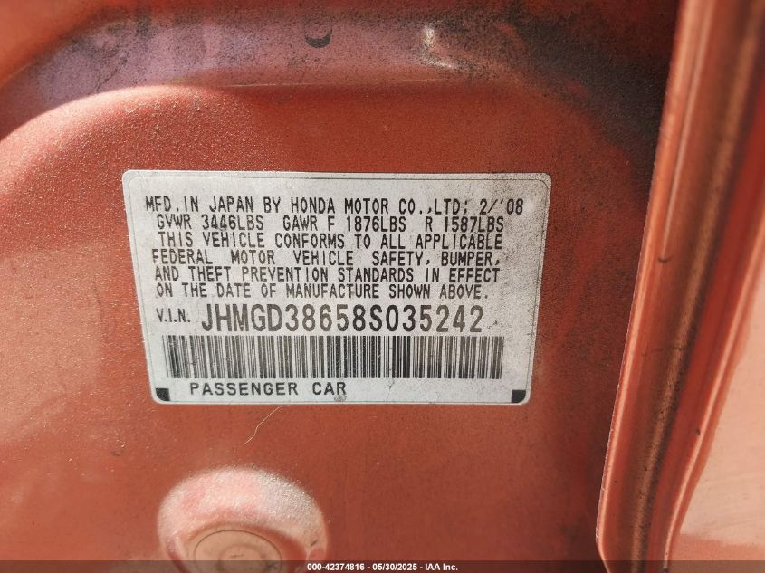 2008 Honda Fit Sport VIN: JHMGD38658S03524 Lot: 42374816