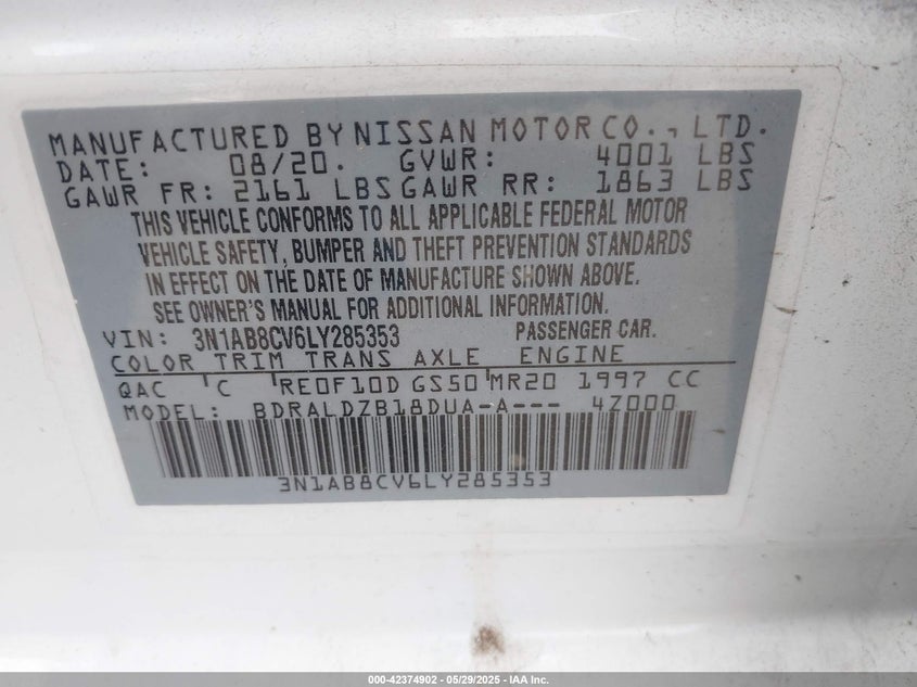 2020 NISSAN SENTRA VIN: 3N1AB8CV6LY285353