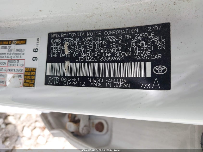 2008 TOYOTA PRIUS VIN: JTDKB20U183359692
