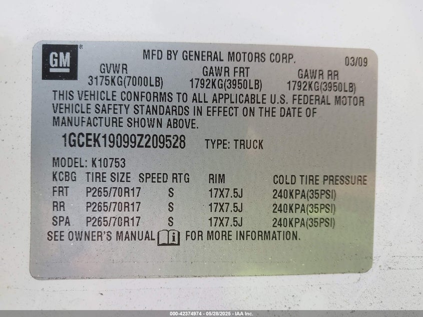 2009 Chevrolet Silverado 1500 Work Truck VIN: 1GCEK19099Z209528 Lot: 42374974