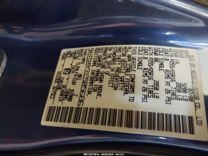 2001 Nissan Xterra Se VIN: 5N1ED28Y31C505686 Lot: 42375014