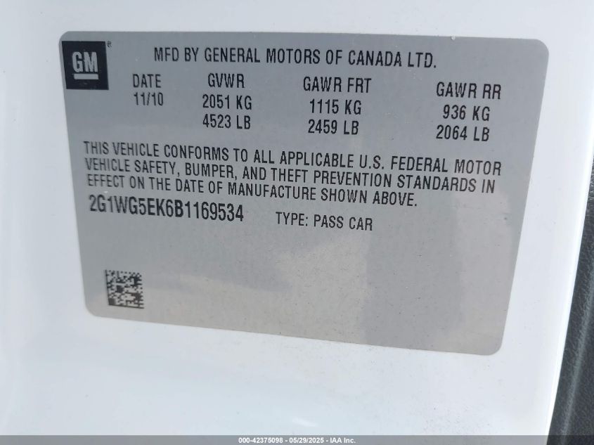 2011 Chevrolet Impala Lt VIN: 2G1WG5EK6B1169534 Lot: 42375098