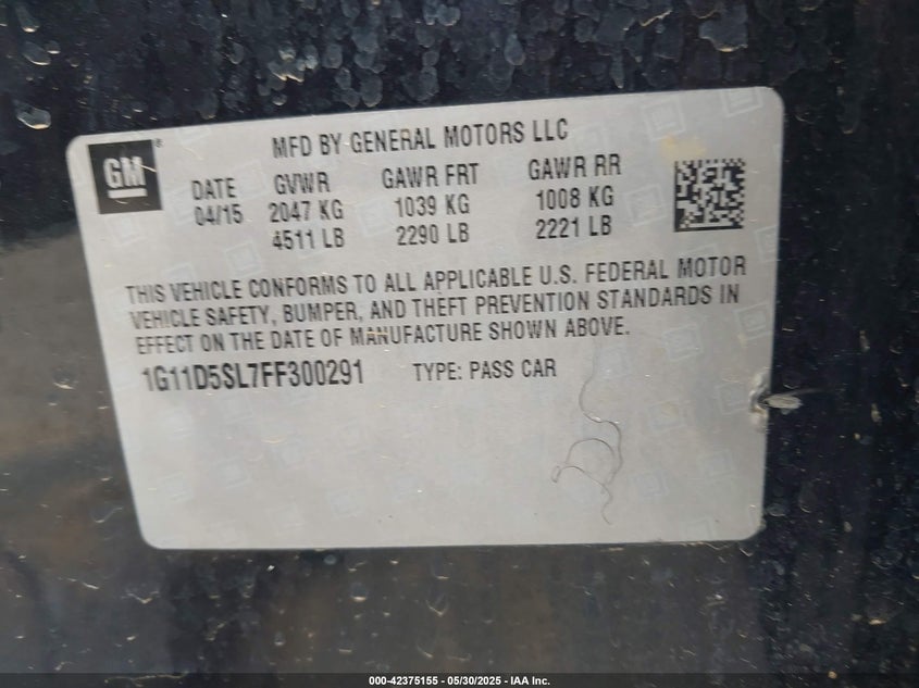 2015 CHEVROLET MALIBU VIN: 1G11D5SL7FF300291