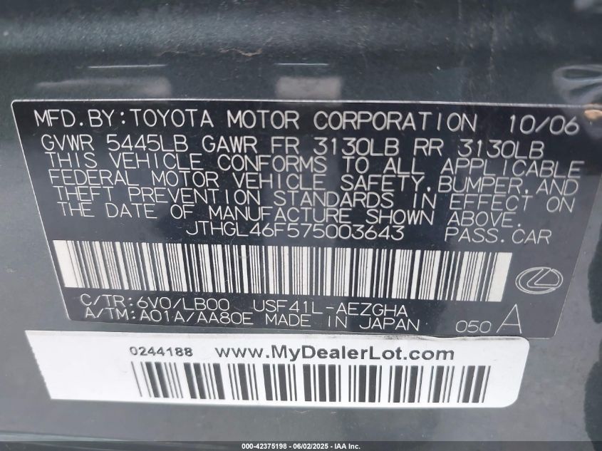 2007 Lexus Ls 460 L VIN: JTHGL46F575003643 Lot: 42375198