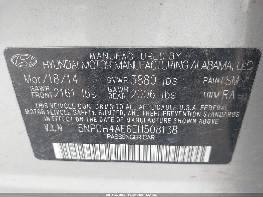 2014 Hyundai Elantra Se VIN: 5NPDH4AE6EH508138 Lot: 42375239