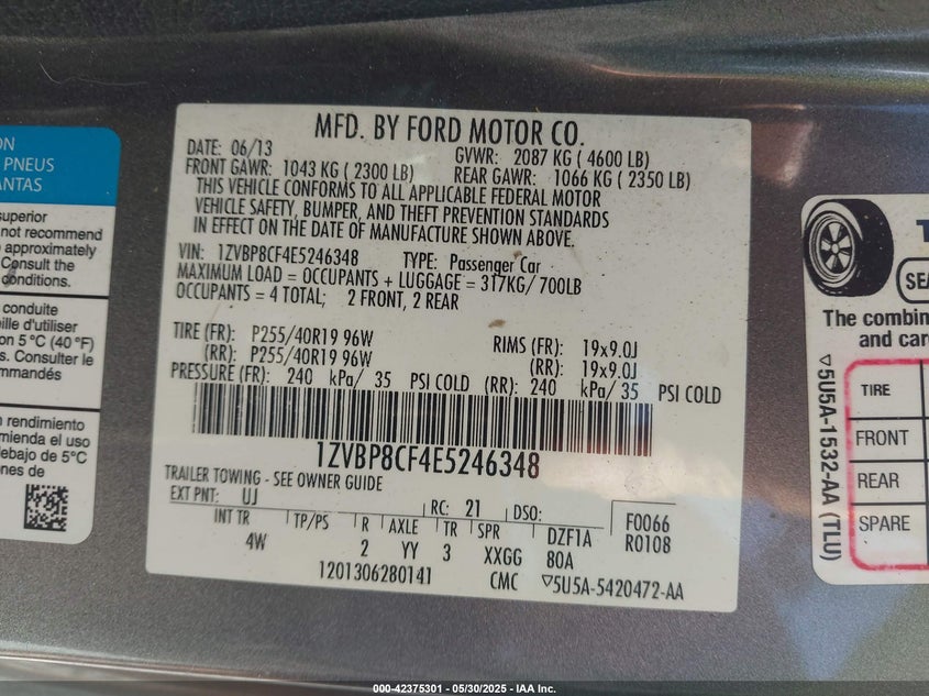 2014 FORD MUSTANG VIN: 1ZVBP8CF4E5246348
