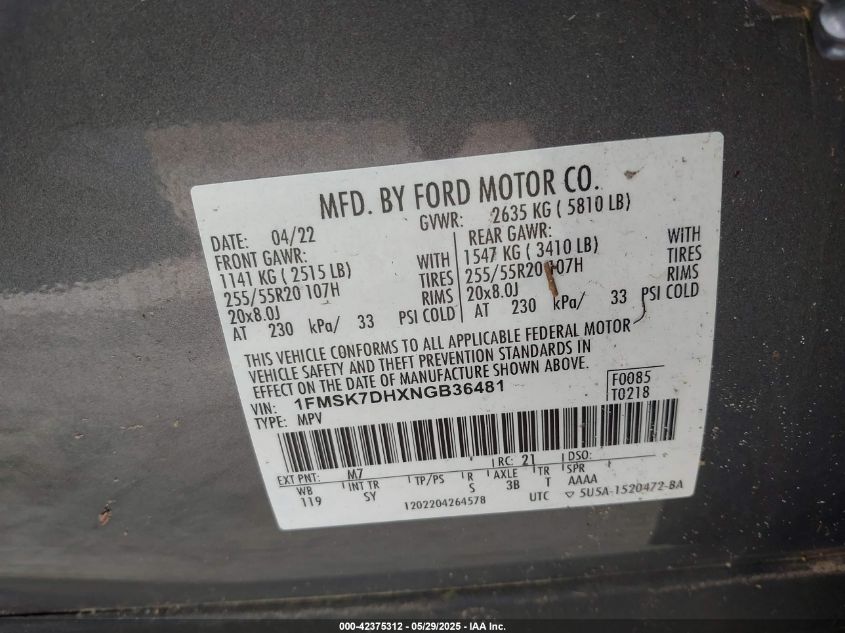 2022 Ford Explorer VIN: 1FMDSK7DHXNGB3648 Lot: 42375312