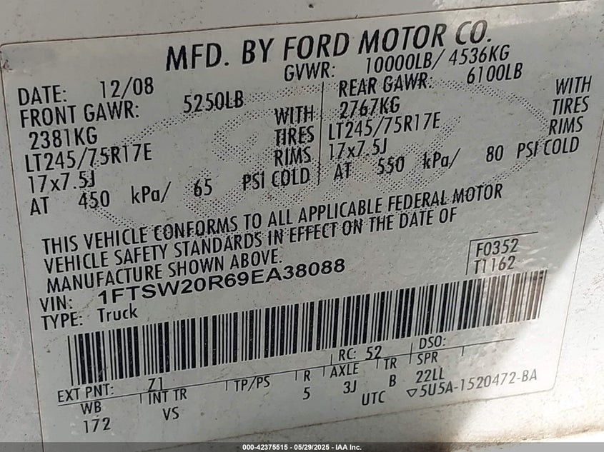 2009 FORD F-250 VIN: 1FTSW20R69EA38088