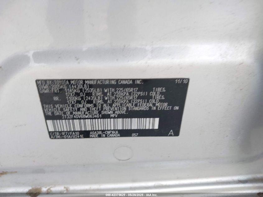 2011 Toyota Rav4 VIN: 2T3ZF4DV6BW063461 Lot: 42375629