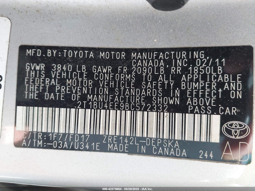 2011 TOYOTA COROLLA VIN: 2T1BU4EE9BC572332
