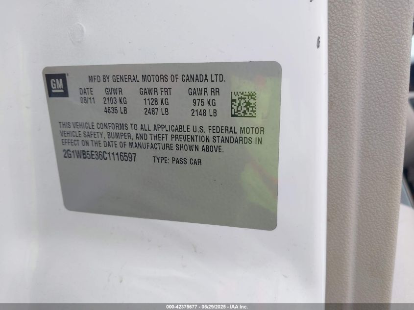2012 Chevrolet Impala Lt VIN: 2G1WB5E36C1116597 Lot: 42375677