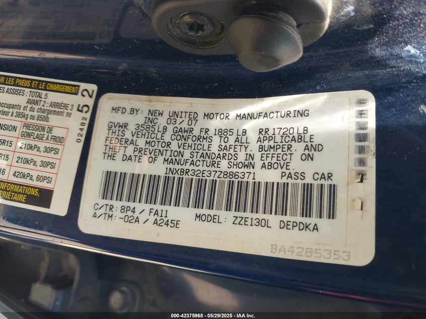 2007 Toyota Corolla Ce VIN: 1NXBR32E37Z886371 Lot: 42375968